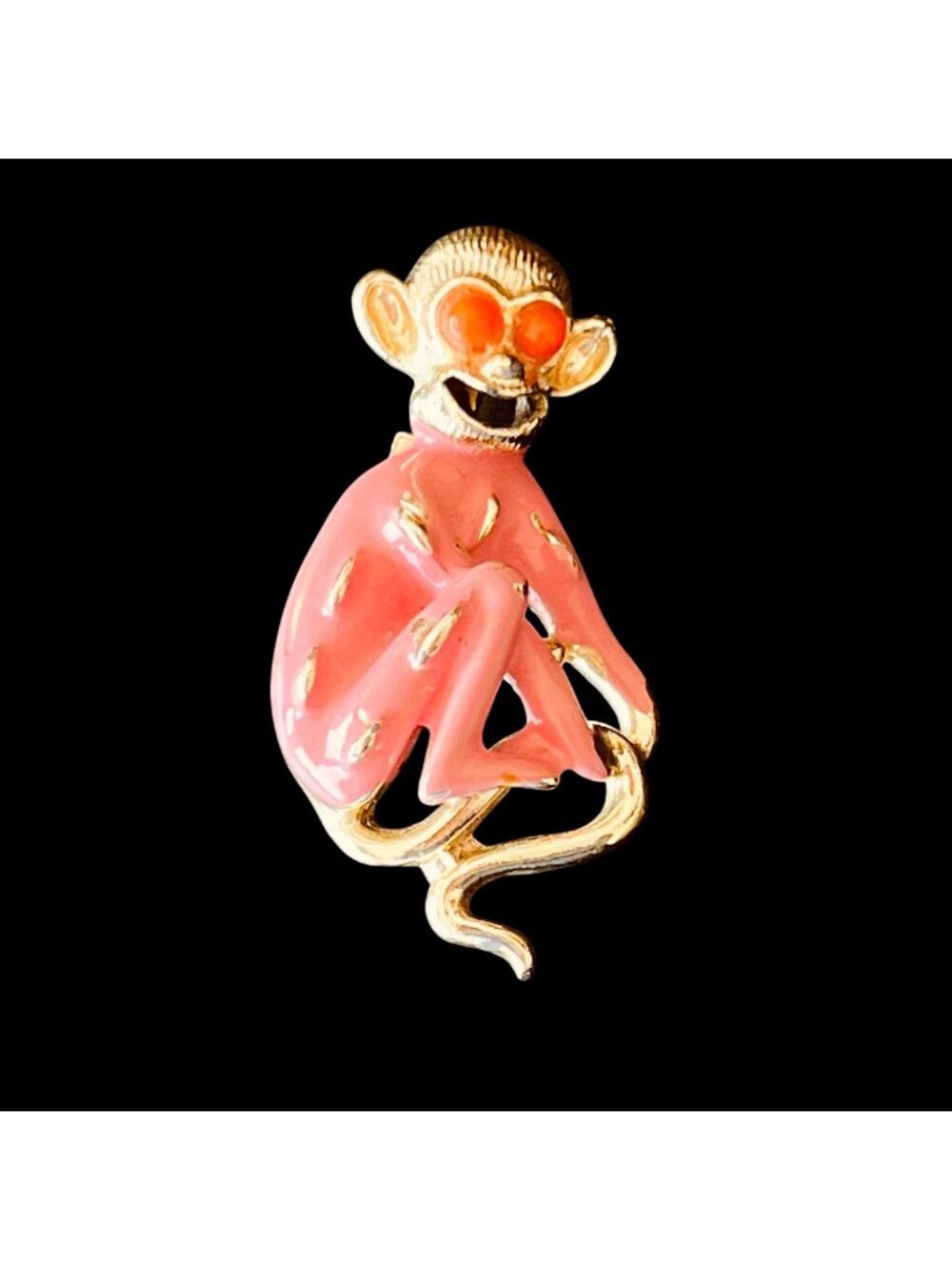Vintage Crown Trifari Monkey Brooch // Pink & Gold Pin
